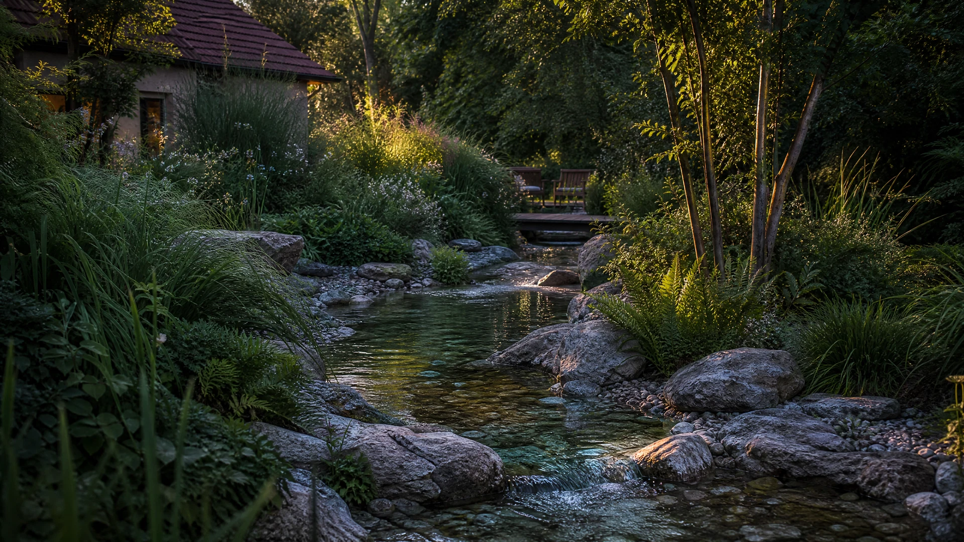 Bachlauf zwischen Naturstein, Farnen und Gräsern