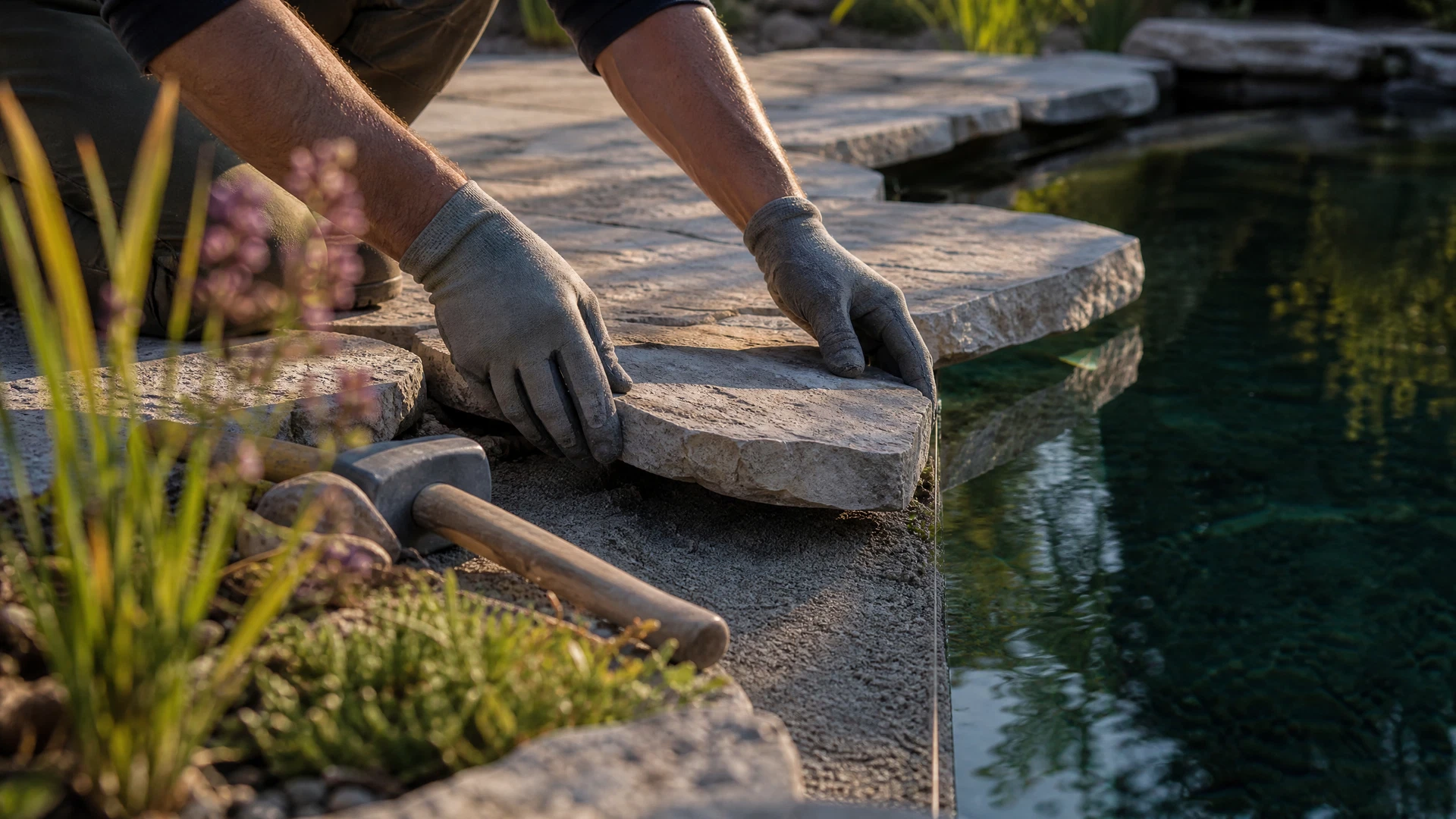 Handwerkliche Arbeit mit Naturstein am Rand eines Teichs