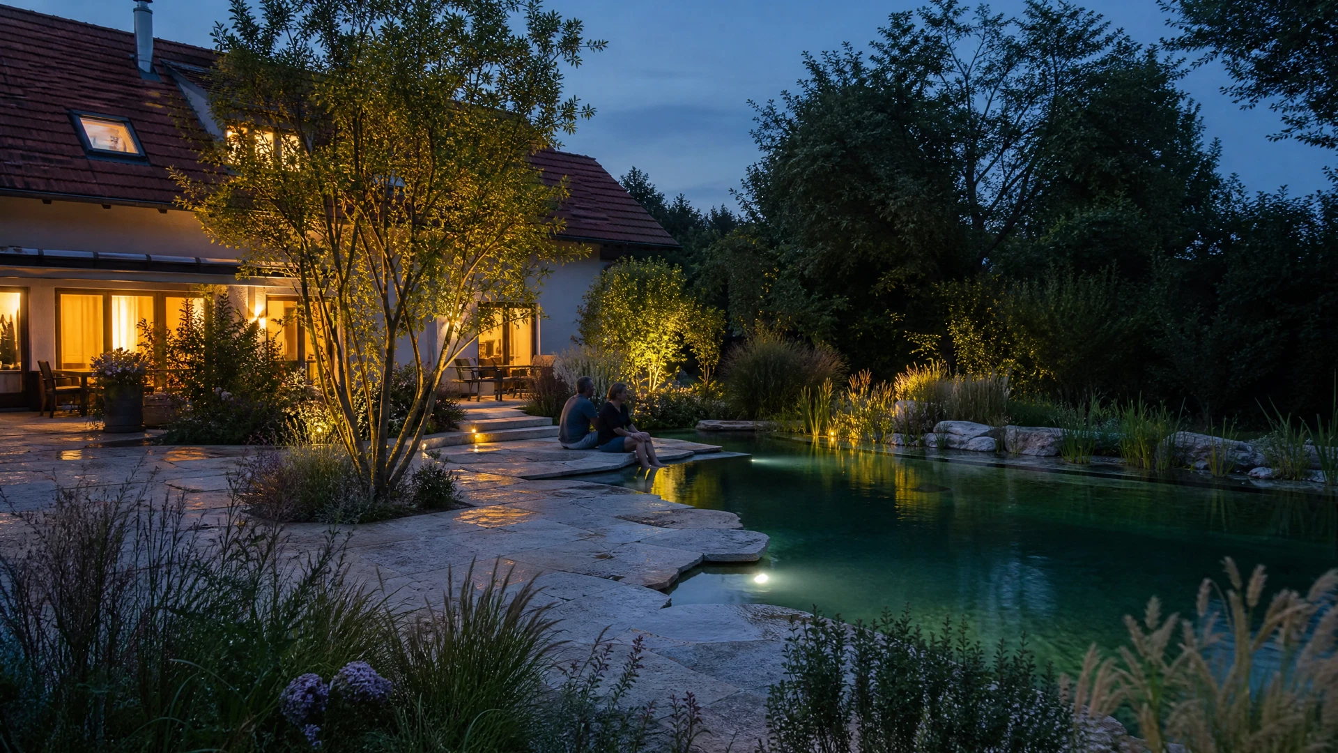 Schwimmteich mit Natursteinterrasse und eingewachsenem Garten bei Abendlicht