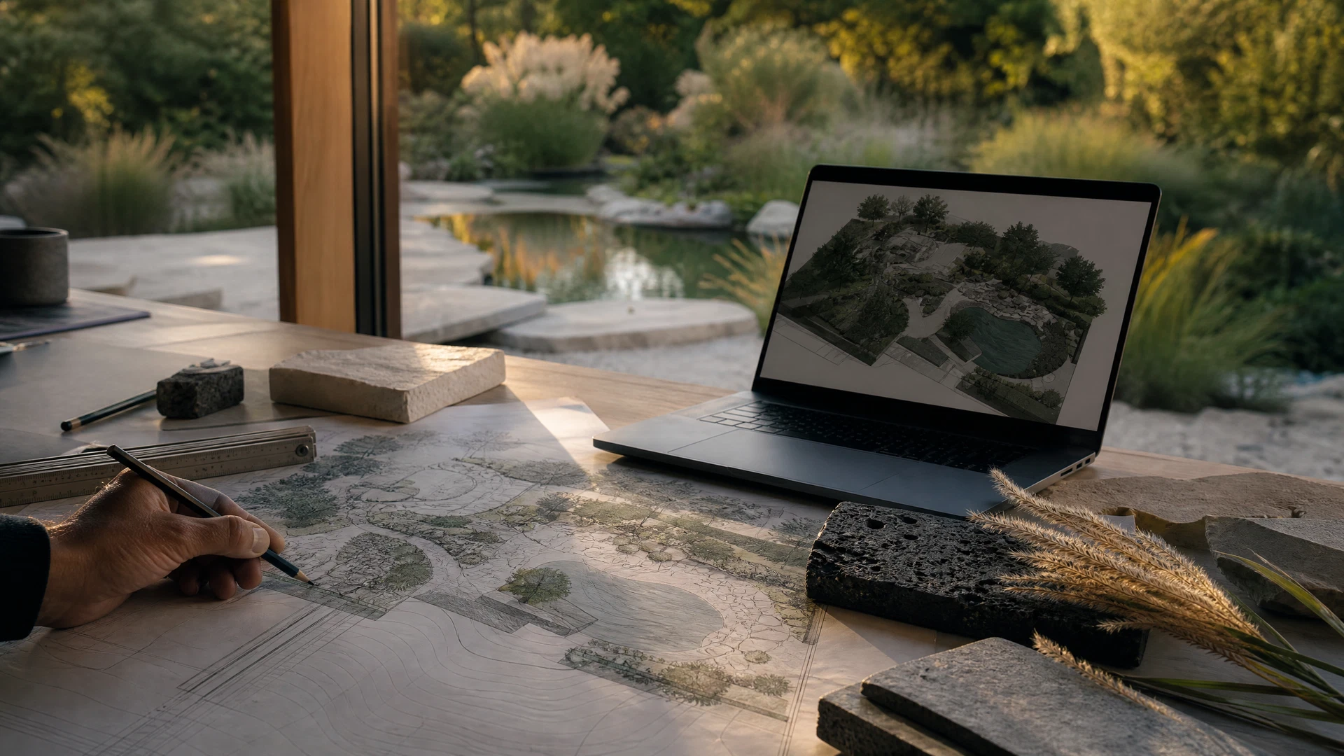 Planung eines Wassergartens am Bildschirm mit Materialmustern